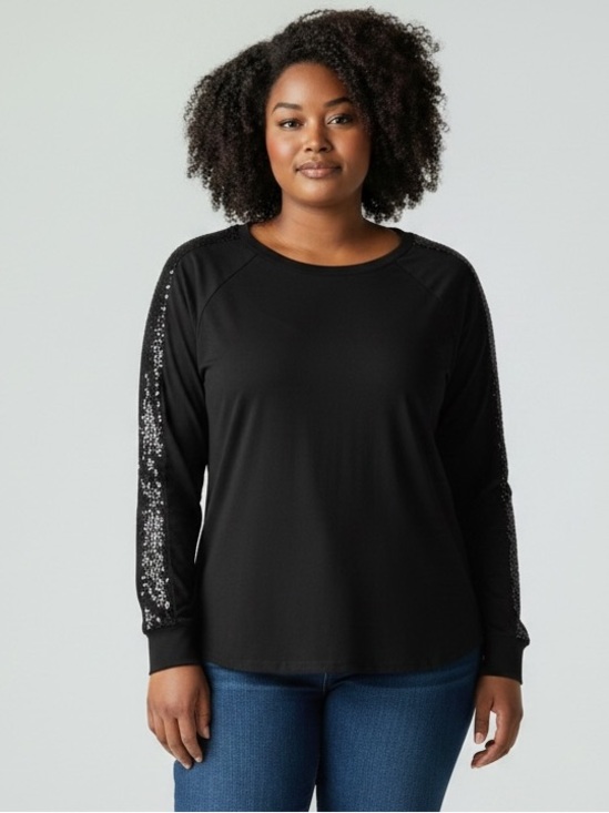 Umgee Tops - Umgee Black Long-Sleeve Top with Sequin-Trim Shoulders Size XL